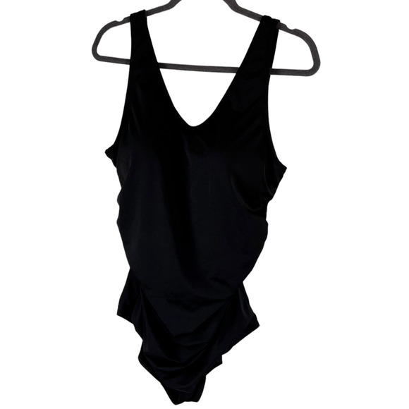 Black One Piece Swimsuit Int'l 48 V-Neck Polyester Spandex Blend - Picture 1 of 12